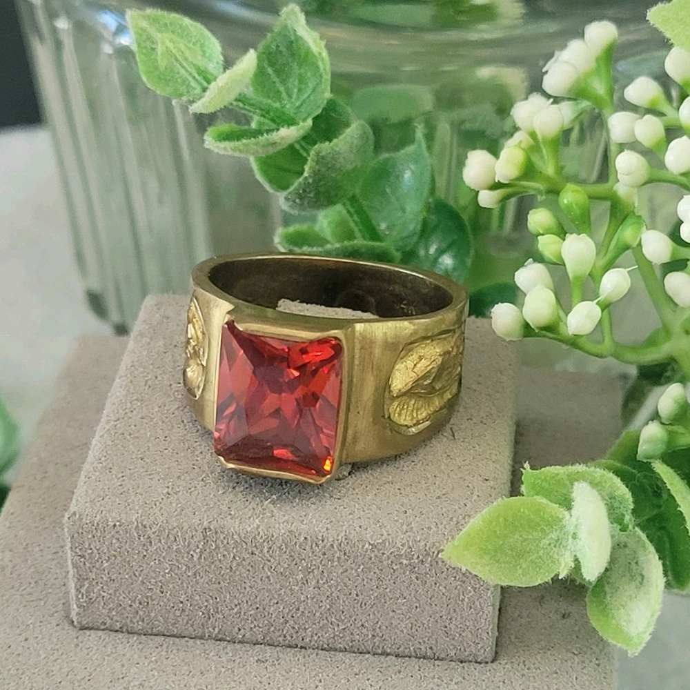 Size 11 Vintage 14K Stamped Gold Plated Religious Ring Red Stone 11.15g